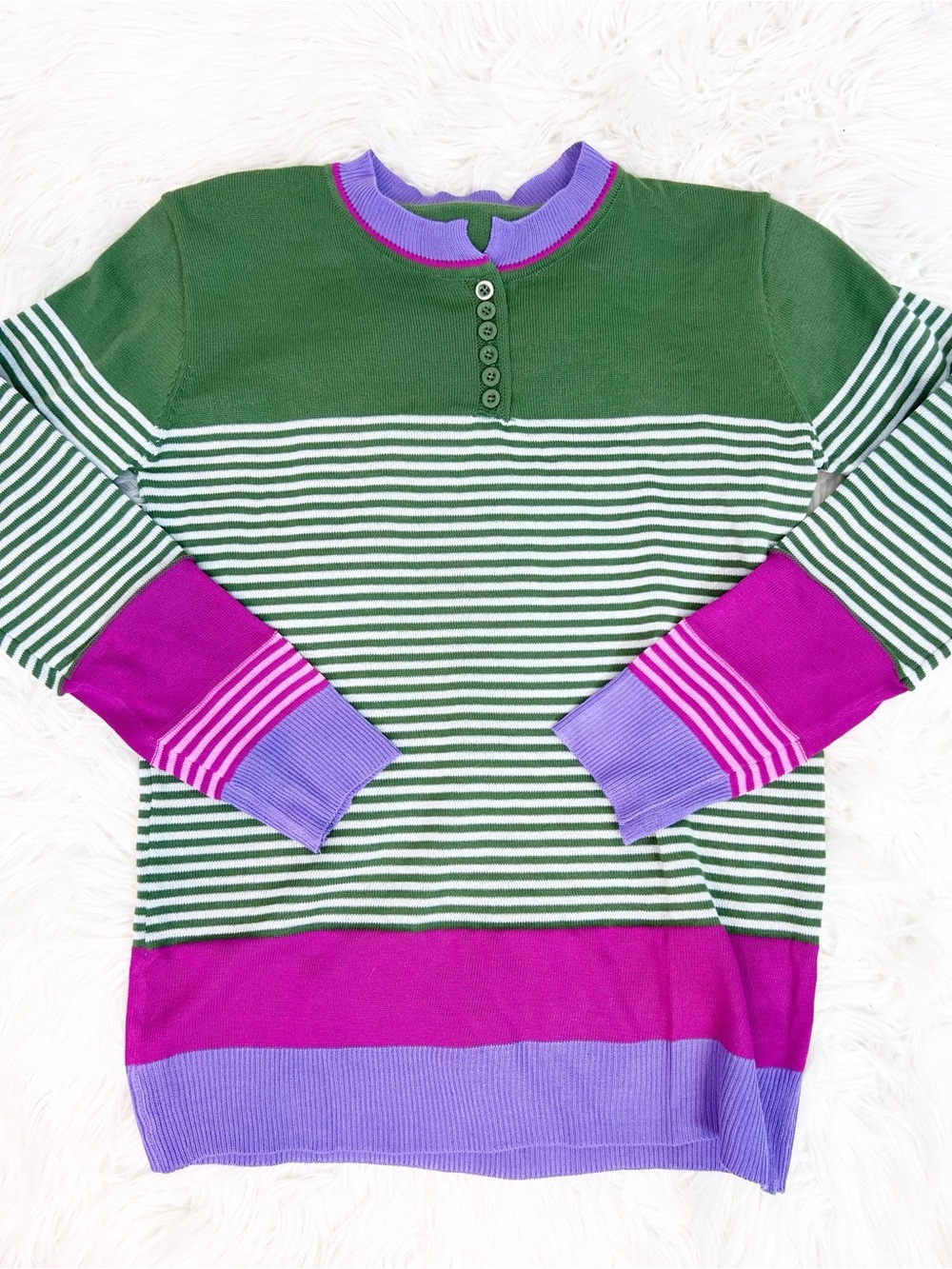 BOUTIQUE GREEN PINK STRIPE HENLEY PULLOVER SWEATER NWOT SZ SMALL